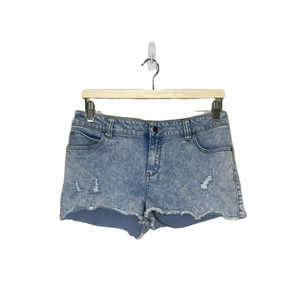 Ambar Shorts Blue Acid Wash Distressed Denim Raw Hem Frayed Denim High Rise
